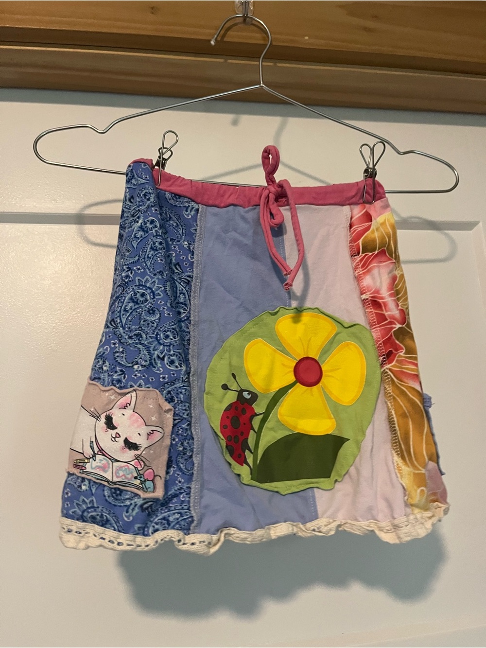 Girls Patchwork Flower & Ladybug Skirt - Pink Trim